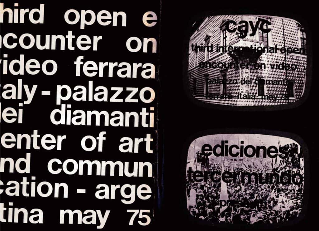Copertina del catalogo del «Third Open Encounter on Video», a cura di Jorge Glusberg e Lola Bonora, Ferrara, Palazzo dei Diamanti, maggio 1975.