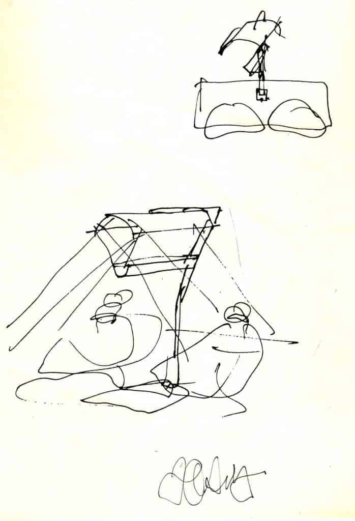 Bozzetto di Frank Gehry. Progetto di <em>bright light therapy</em> (da una sessione di lavoro di progettazione con  M. Terman, 1988, progetto non realizzato)