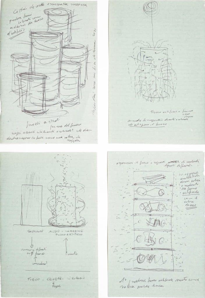Alfredo pirri, quattro disegni per l'opera <em>Fuoco, Cenere, Silenzio</em>. Inchiostro su carta uso mano, ognuno cm 14 x 21.