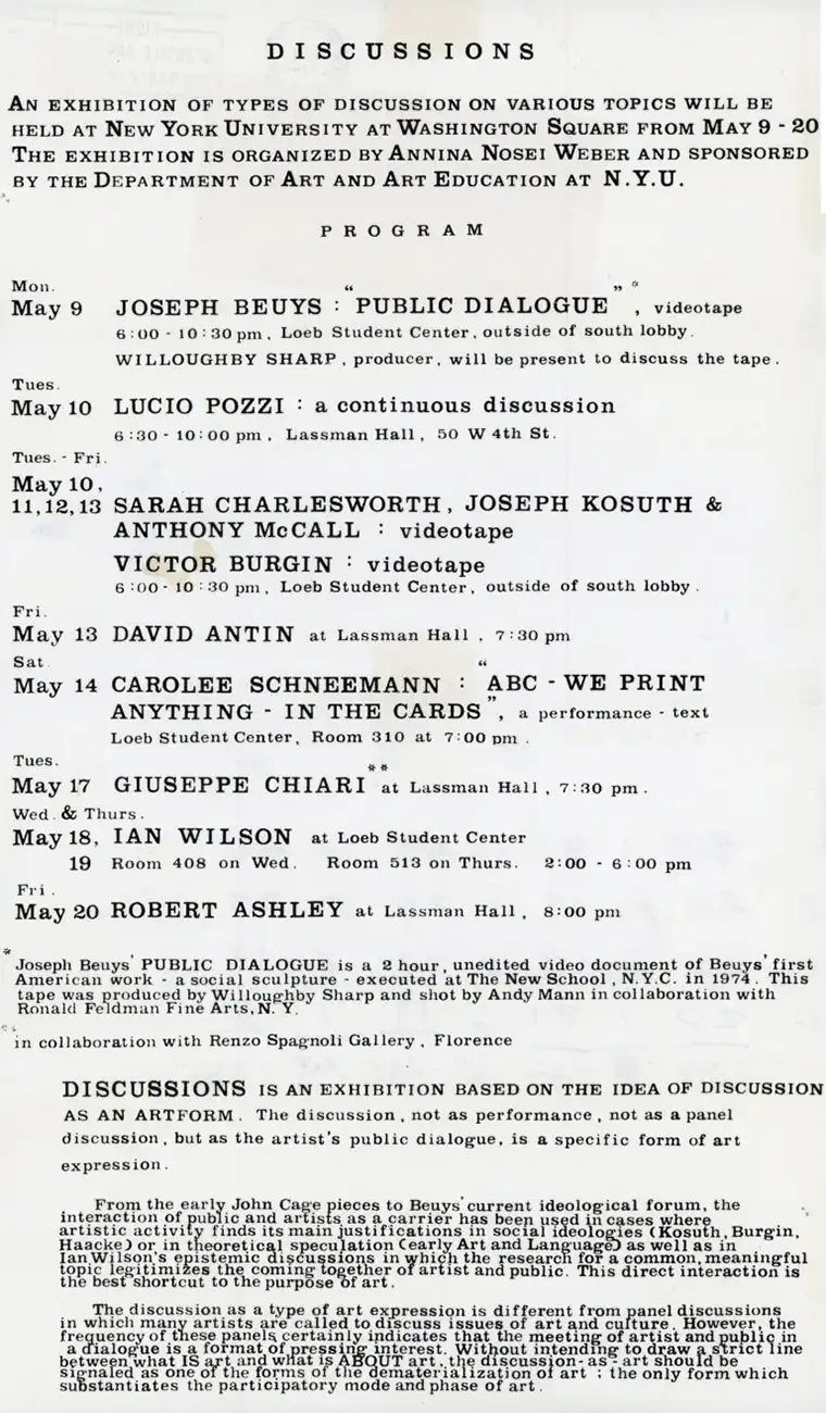 Locandina della rassegna <em>Discussion</em>, Campus New York University, 9-20 maggio 1977