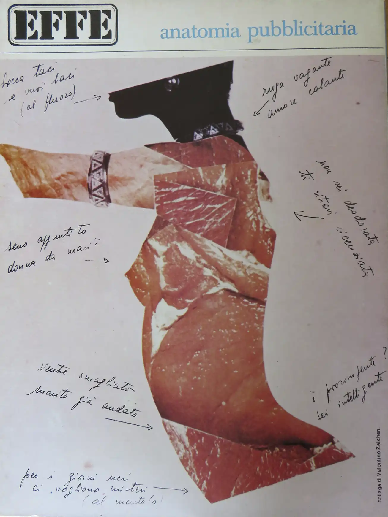 Collage di Valentino Zeichen Anatomia pubblicitaria, pubblicato sulla quarta di copertina del numero zero di «effe», febbraio 1973.